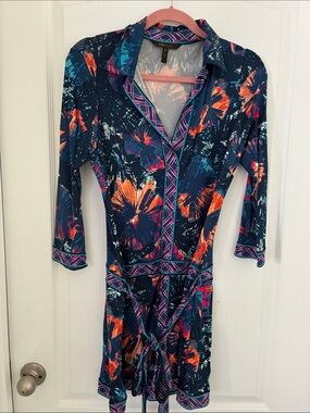 BCBGMaxAzria Navy Floral Mini Dress with Orange and Teal Accents